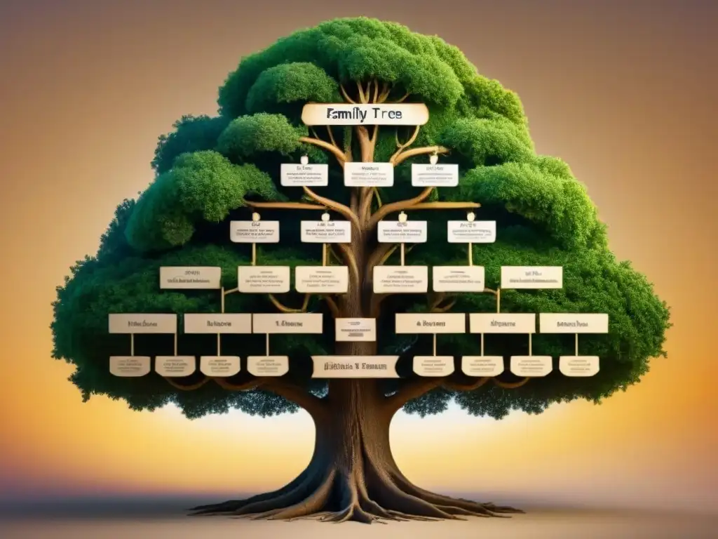 Un árbol genealógico vintage detallado con el apellido 'Nájera' en la cima, mostrando hitos históricos