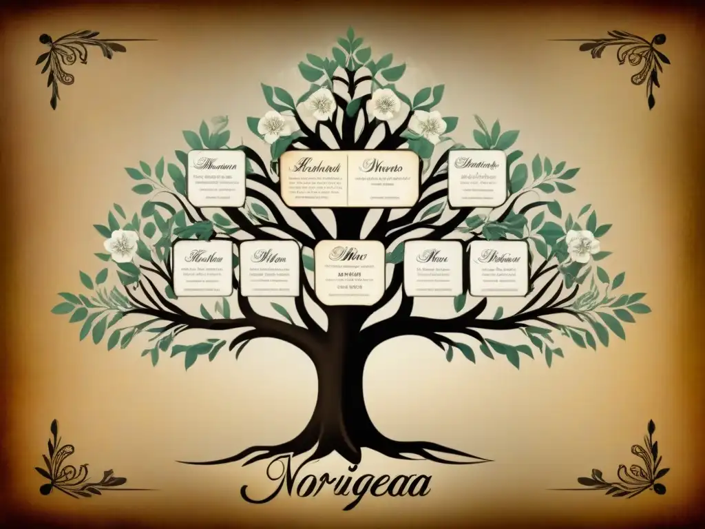 Un árbol genealógico vintage detallado de la familia Noriega, con caligrafía antigua y retratos de cada generación