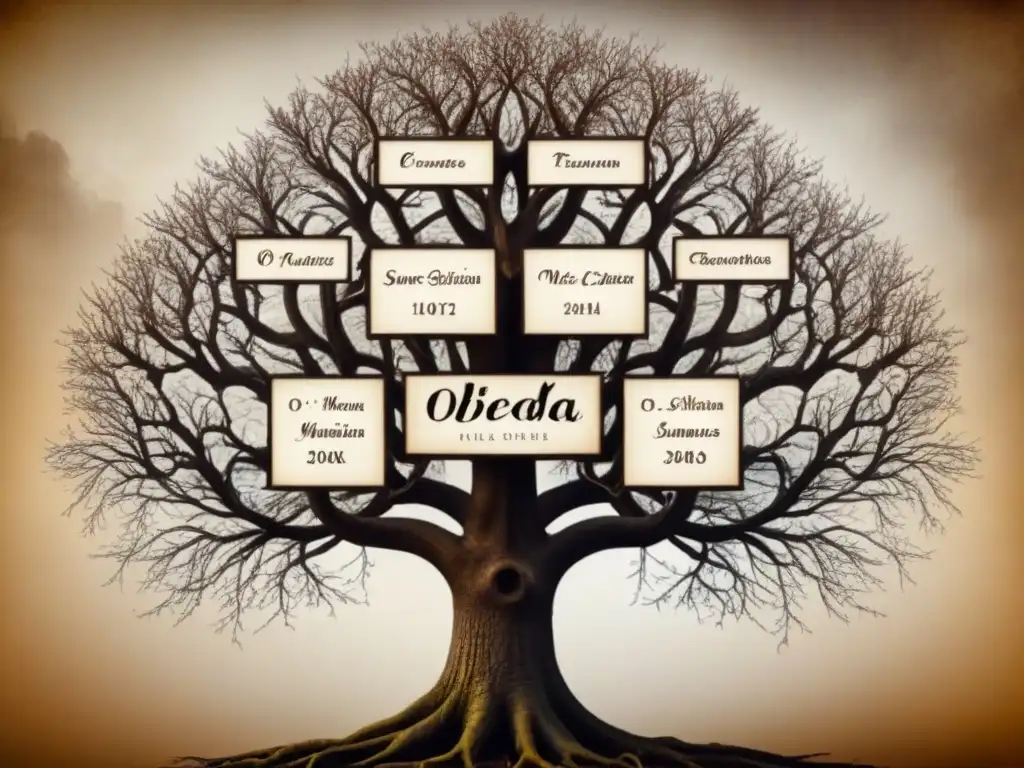 Un árbol genealógico vintage detallado con apellidos que comienzan con 'O', en tonos sepia, con la palabra clave 'Origenes de apellidos curiosos'