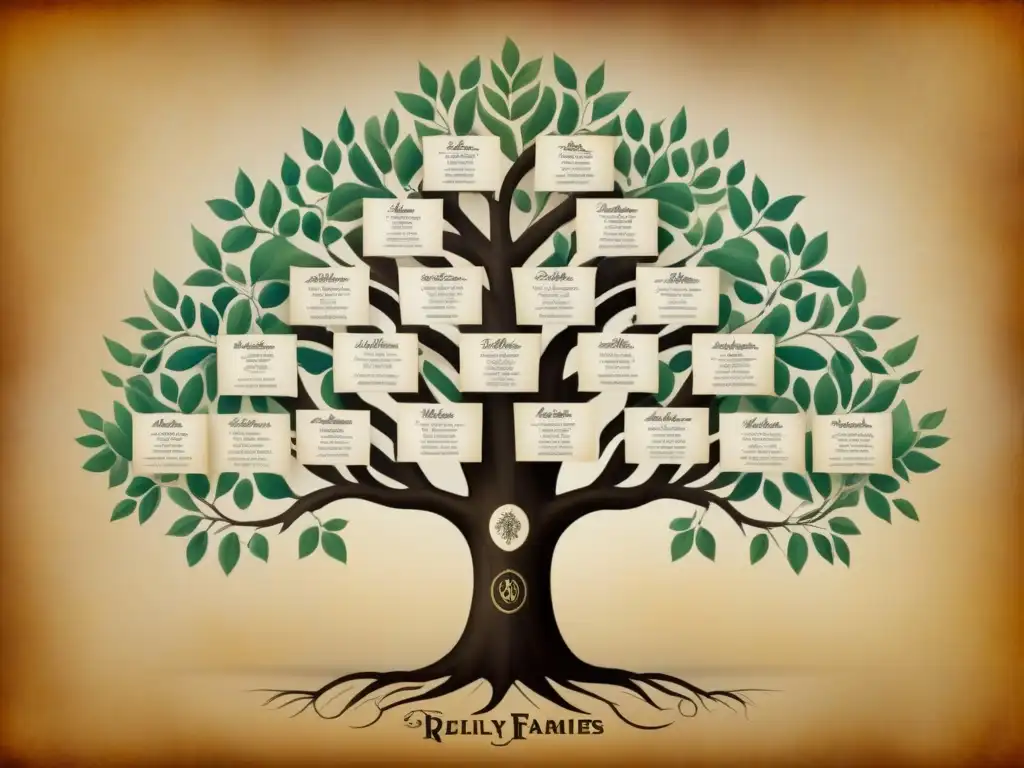 Un árbol genealógico vintage detallado de las familias O'Reilly y Ochoa, evocando la riqueza histórica de la historia de apellidos O'Reilly Ochoa