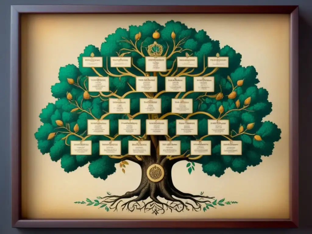 Un árbol genealógico vintage detallado en pergamino, destacando la historia de apellidos y linajes con caligrafía ornamental