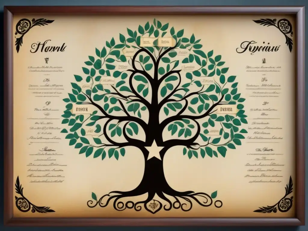 Un árbol genealógico vintage detallado con apellidos con R en la historia, trazando la línea de prominentes figuras históricas en elegante caligrafía