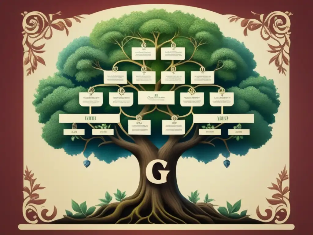 Un árbol genealógico vintage detallado mostrando la evolución de apellidos con G, con ornamentos y detalles que resaltan el origen apellido con G