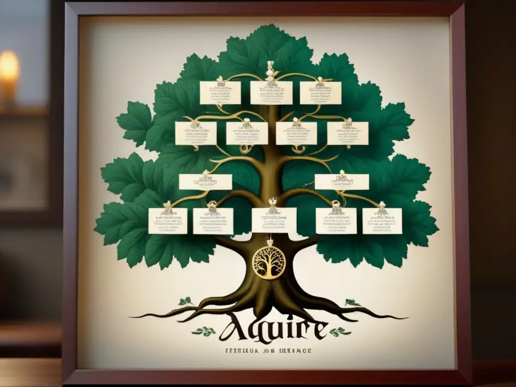 Un árbol genealógico vintage detallado de la familia Aguirre, mostrando la historia del apellido Aguirre con elegante caligrafía y adornos históricos