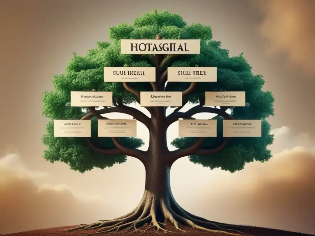 Un árbol genealógico vintage detallado con el apellido 'Soto' en la cima, rodeado de ramas y raíces delicadas, simbolizando herencia y ancestros