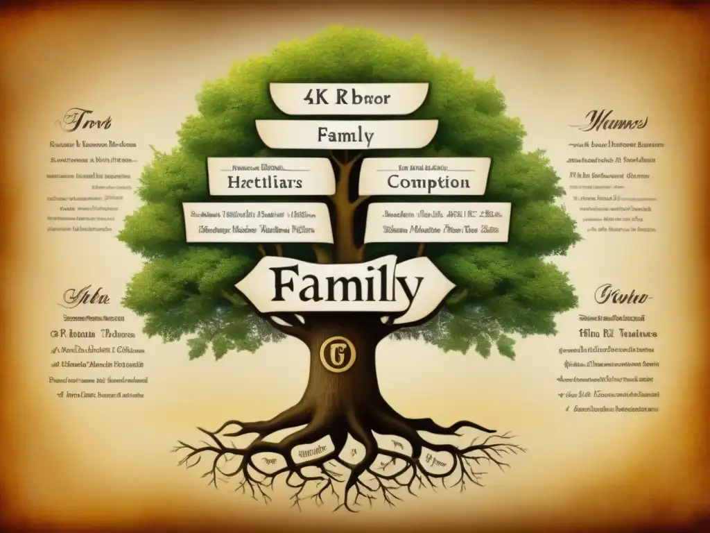 Un árbol genealógico vintage detallado con evolución de apellidos en la historia