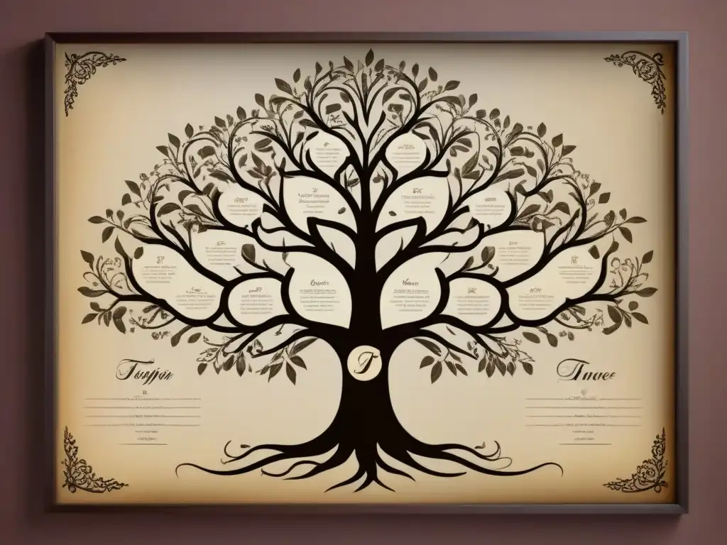 Un árbol genealógico vintage detallado de la familia T, con historia y tradición preservada en elegante caligrafía y tonos sepia