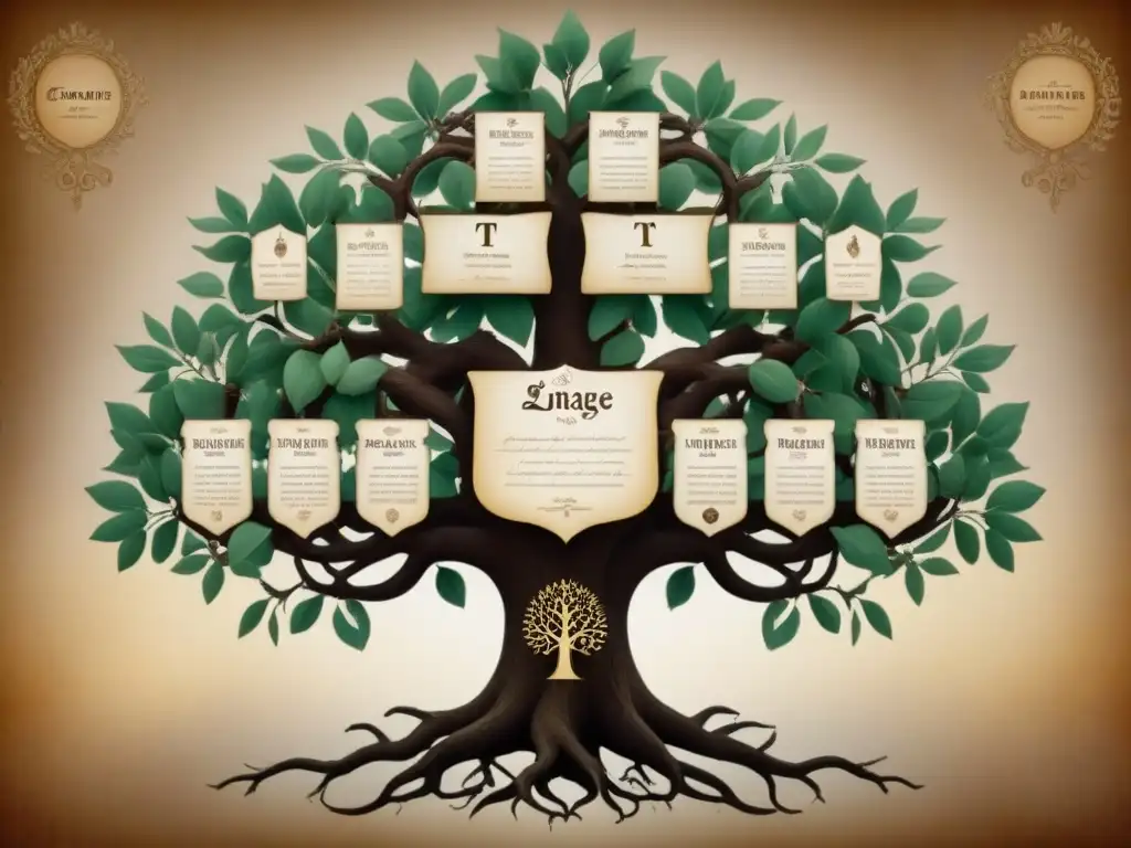 Un árbol genealógico vintage detallado con linajes y apellidos que inician con 'T'