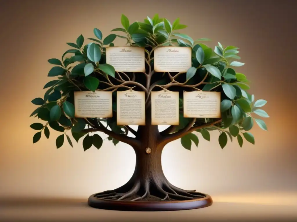 Un árbol genealógico vintage detallado, con historia de apellidos y linajes entrelazados en elegante caligrafía