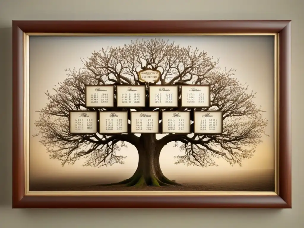 Un árbol genealógico vintage detallado, con caligrafía ornamental y fotos antiguas entre ramas