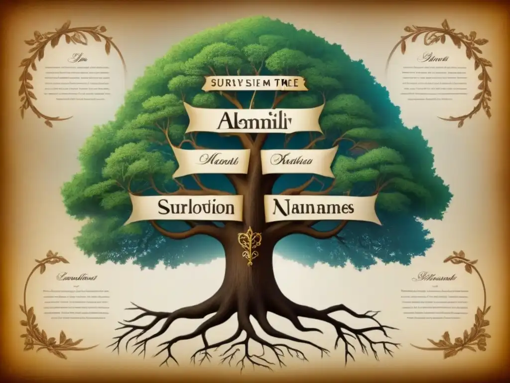 Un árbol genealógico vintage detallado con apellidos que comienzan con 'U', simbolizando herencia y linaje, significado apellidos que comienzan U