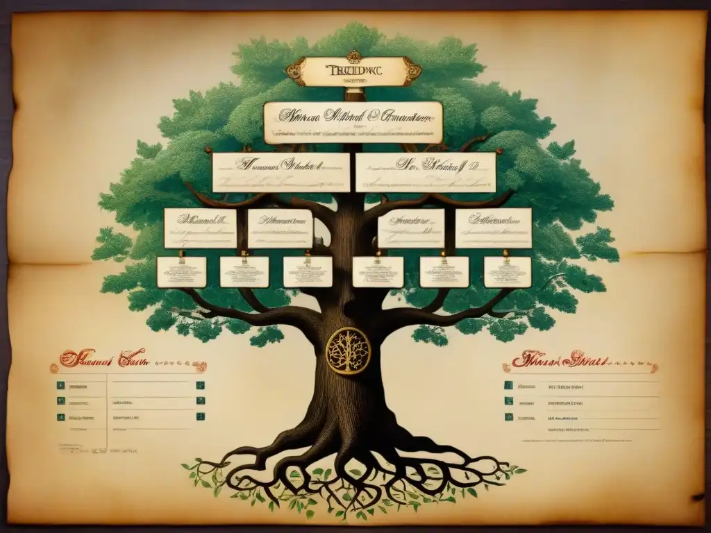 Un árbol genealógico vintage detallado en pergamino antiguo, con caligrafía elaborada y sellos de cera, evoca la historia de apellidos y linajes