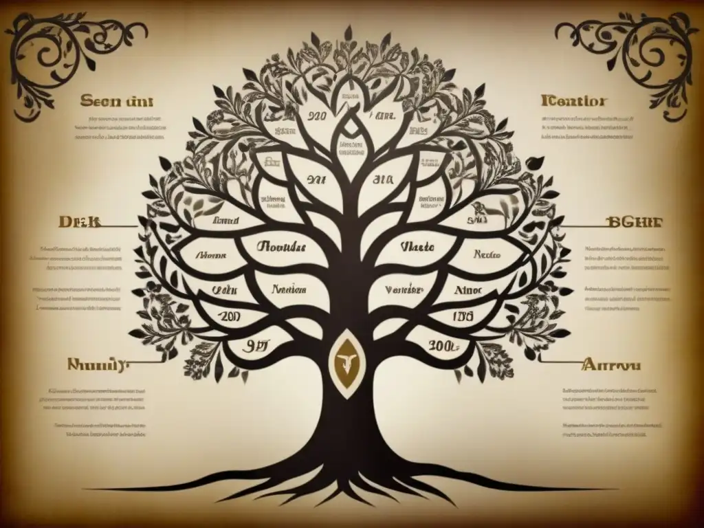 Un árbol genealógico vintage detallado con modificaciones de apellidos por motivos políticos en el siglo XX