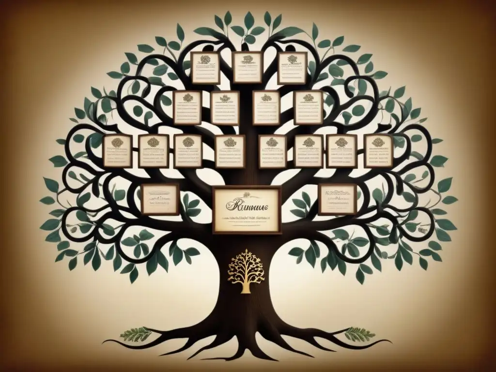 Un árbol genealógico vintage detallado con caligrafía ornamental e ilustraciones históricas, representando la evolución de apellidos