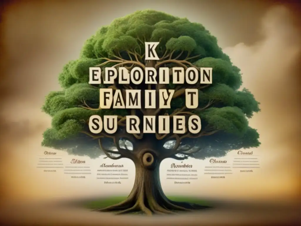 Árbol genealógico vintage: Surnames con A entrelazados Un árbol genealógico vintage detallado con apellidos que comienzan con A, evocando historia de apellidos con A
