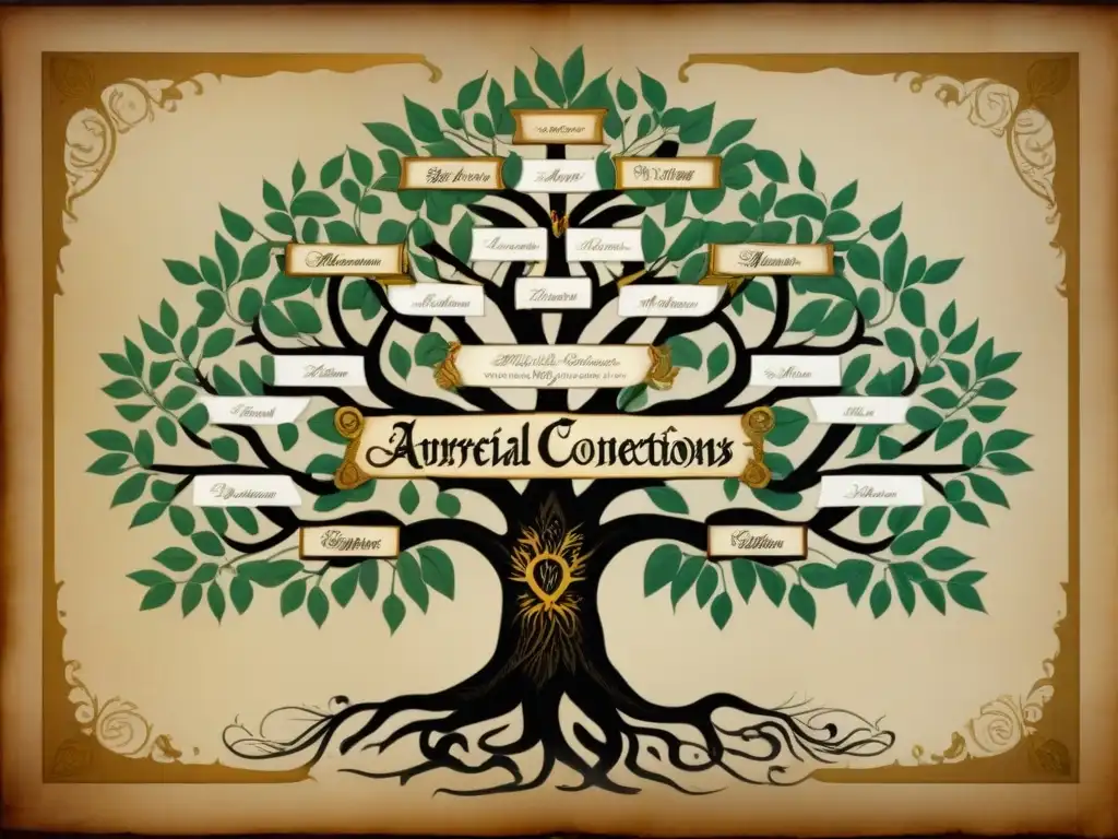 Un árbol genealógico vintage detallado con caligrafía elegante y escudos de familia, que revela la historia de apellidos y linajes