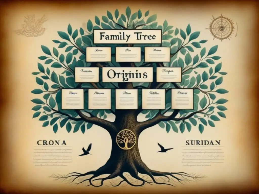 Árbol genealógico vintage detallado en pergamino, con historia de apellidos y genealogía