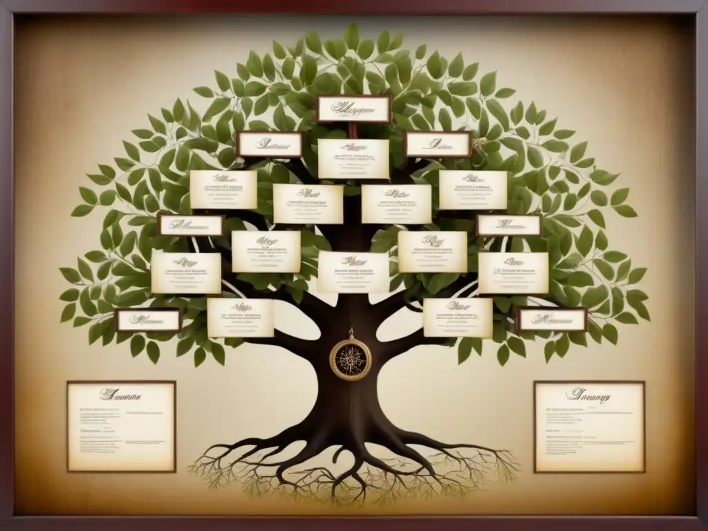 Árbol genealógico vintage detallado con fotos históricas y nombres en sepia