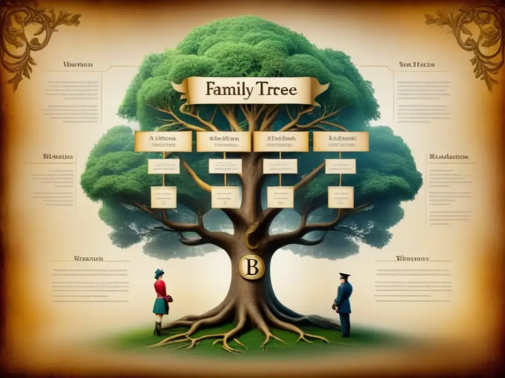 Árbol genealógico vintage detallado con ancestros ilustres y orígenes de apellidos con B en pergamino antiguo