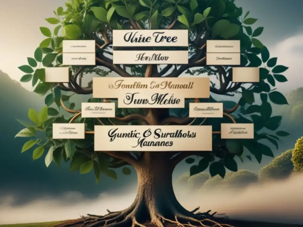 Un árbol genealógico vintage detallado en 8k, con ramas intrincadas y hojas, simbolizando historias familiares y marcadores genéticos