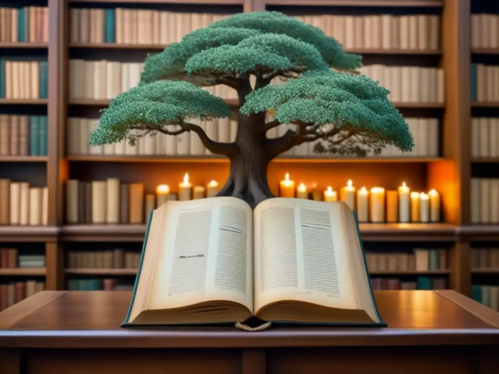 Un árbol genealógico vintage detallado, con caligrafía y fotos sepia de ancestros en un ambiente de descubrimiento histórico