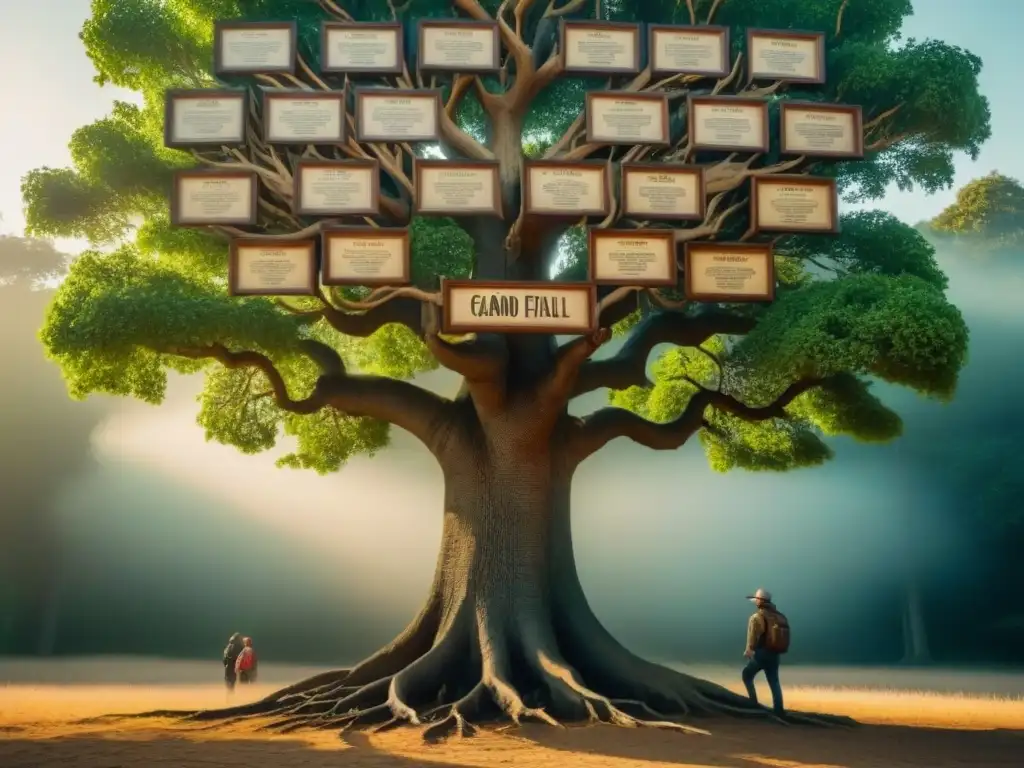 Árbol genealógico vintage con raíces y apellidos que empiezan con 'A' Un árbol genealógico vintage detallado con apellidos que comienzan con 'A', rodeado de retratos antiguos en marcos