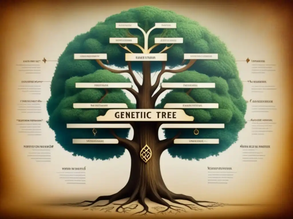 Un árbol genealógico vintage detallado con marcadores genéticos en apellidos, sobre pergamino envejecido