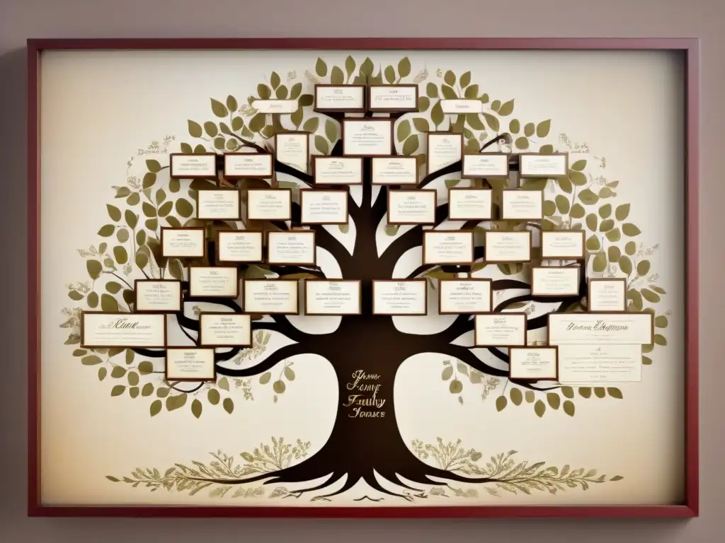 Un árbol genealógico vintage detallado, ilustrado con caligrafía delicada y tonos sepia, mostrando la evolución de apellidos a través de generaciones