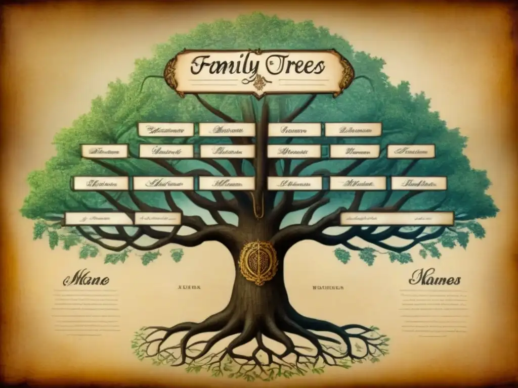 Árbol genealógico vintage detallado en pergamino antiguo con los orígenes de apellidos y linajes a lo largo de la historia