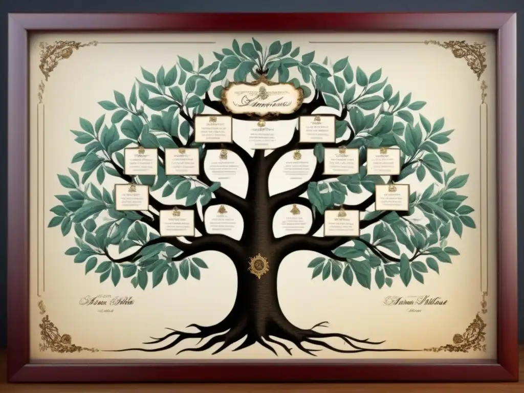 Un árbol genealógico vintage detallado con elegante caligrafía y ramas que conectan apellidos a sus regiones de origen