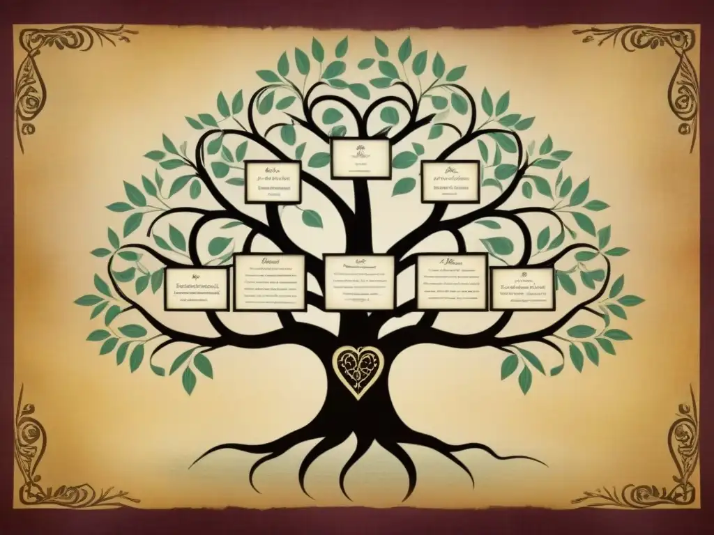 Un árbol genealógico vintage detallado con ramas entrelazadas y caligrafía, evocando historias de amor linajes genealogía