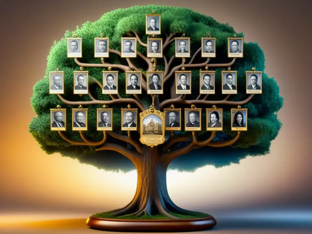 Un árbol genealógico vintage detallado de la dinastía Zuckerberg, representando la historia y evolución de apellidos en tecnología