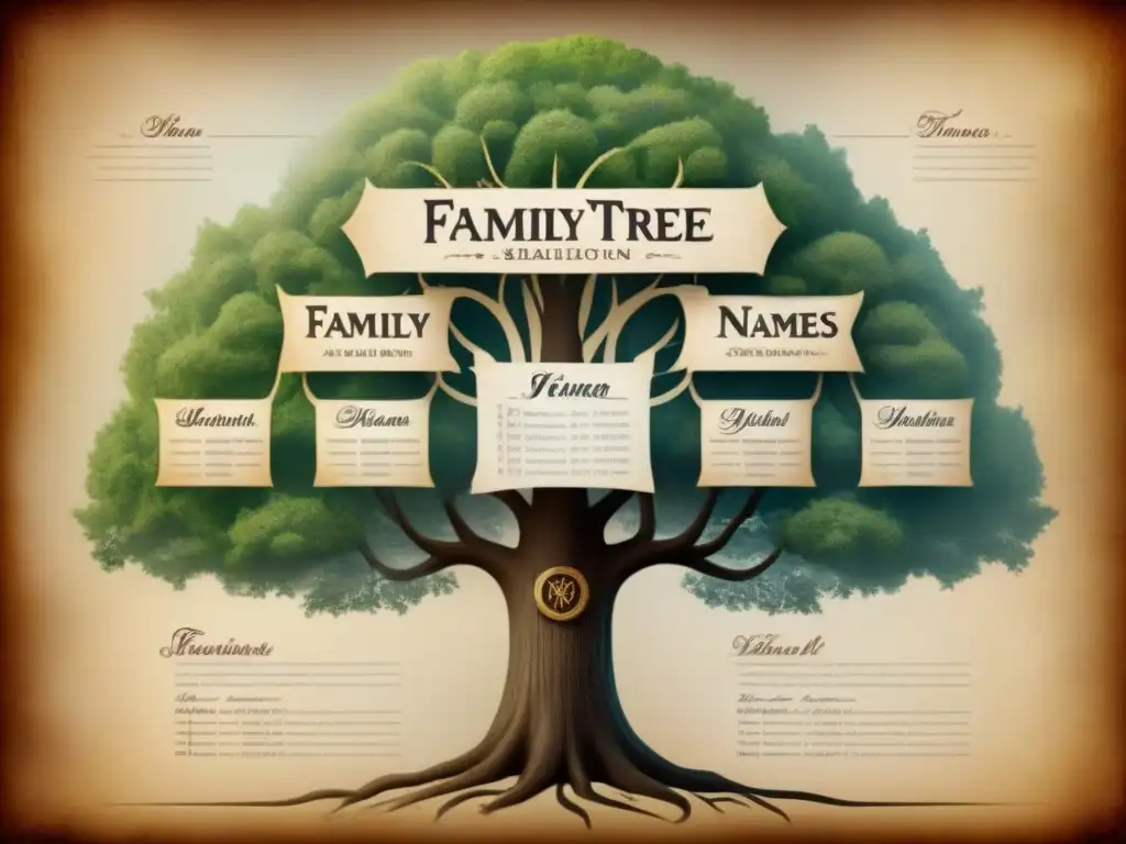 Un árbol genealógico vintage detallado, con historia de apellidos famosos y evolución genealógica