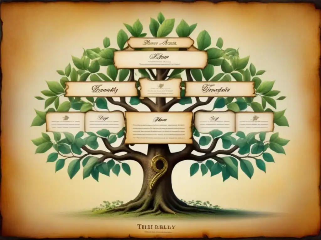 Árbol genealógico vintage de linajes aristocráticos con la letra 'G' Árbol genealógico vintage detallado de apellidos aristocráticos con G, historia y linaje de la aristocracia en ornamentos y botánica