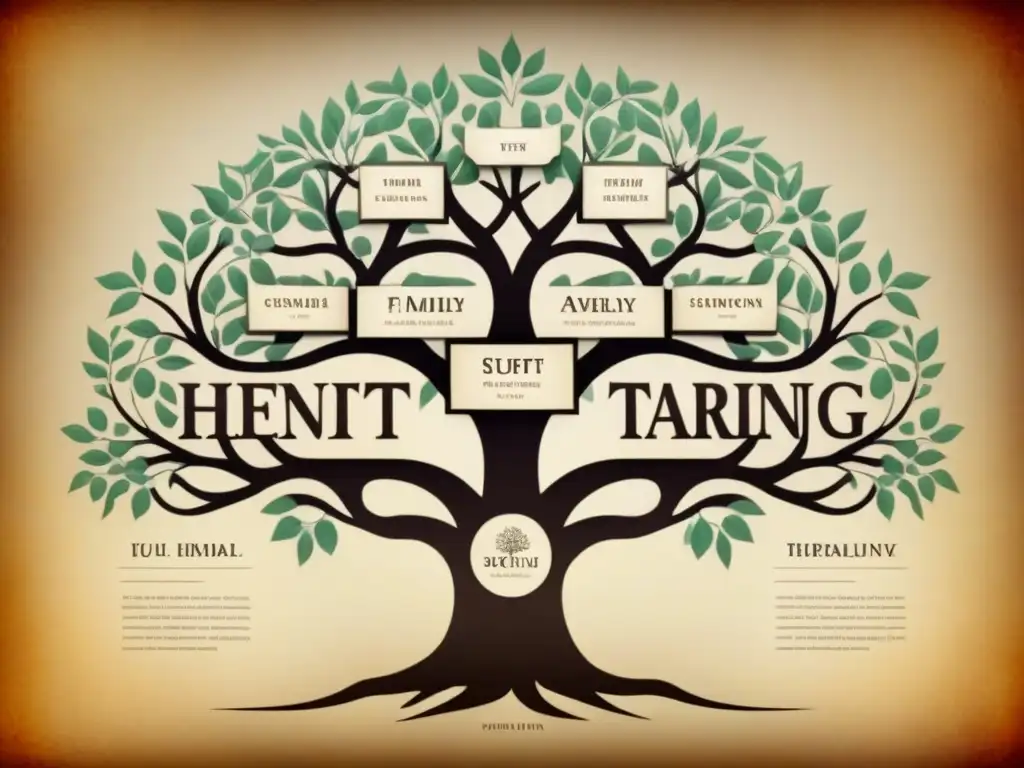 Un árbol genealógico vintage detallado con apellidos famosos entrelazados, destacando la evolución y la historia de renombradas familias