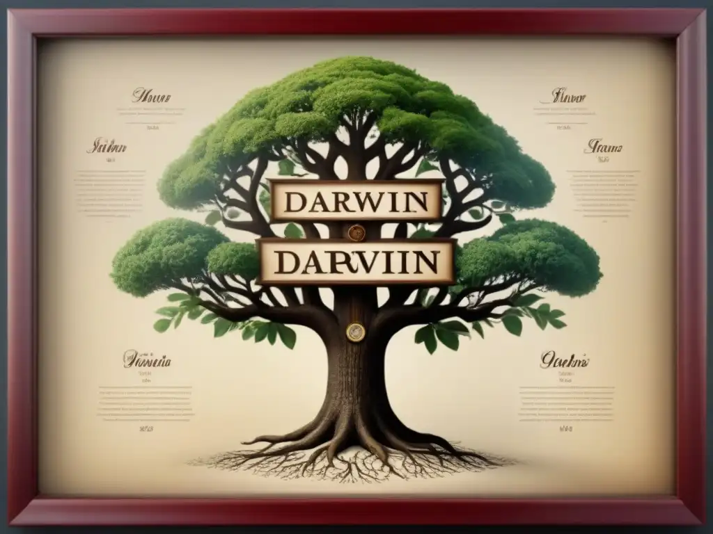 Un árbol genealógico vintage detallado, mostrando la Evolución del apellido Darwin con elegante caligrafía y tonos sepia