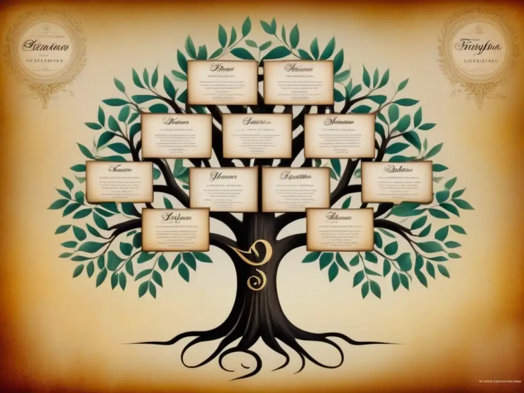 Árbol genealógico vintage detallado de apellidos europeos comunes, con caligrafía elegante y símbolos históricos