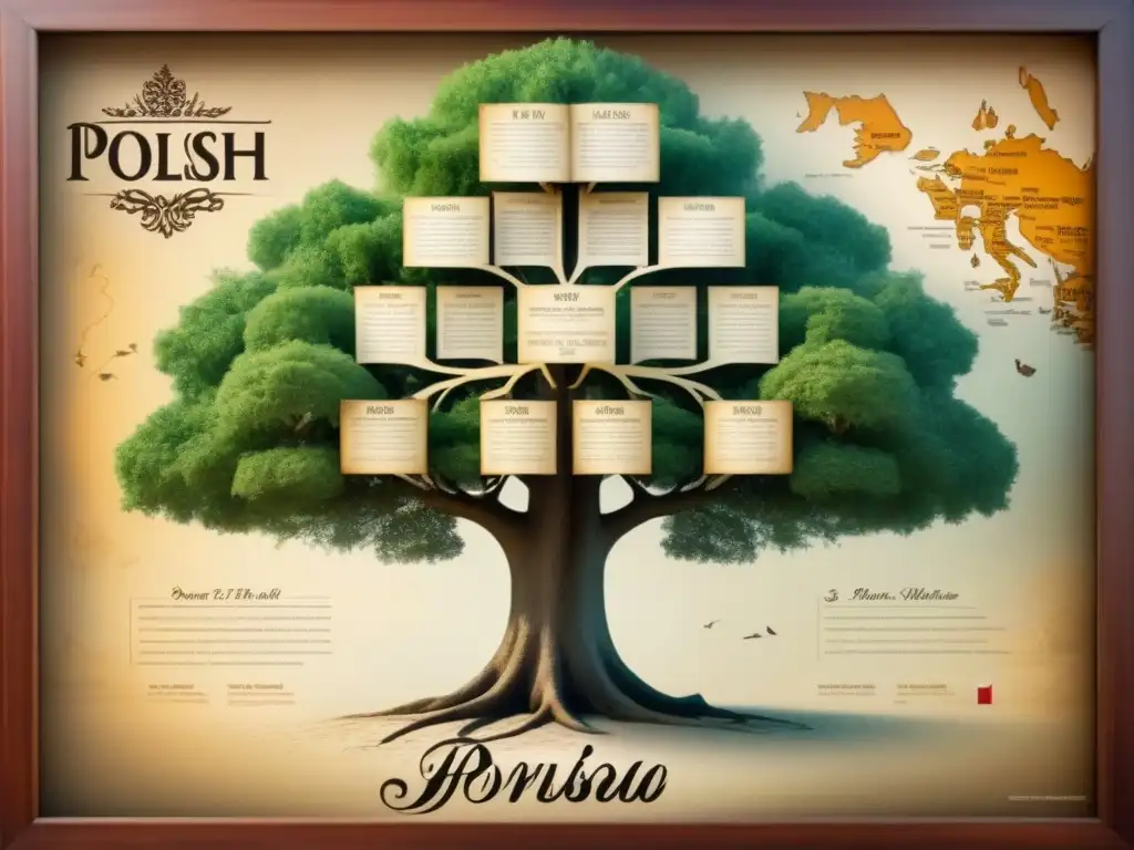 Un árbol genealógico vintage detallado con historia de apellidos polacos y Europa