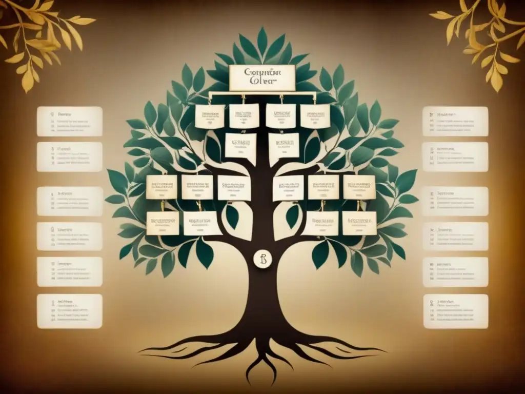 Un árbol genealógico vintage detallado de apellidos hebreos, con caligrafía y tonos sepia, evocando historia y tradición