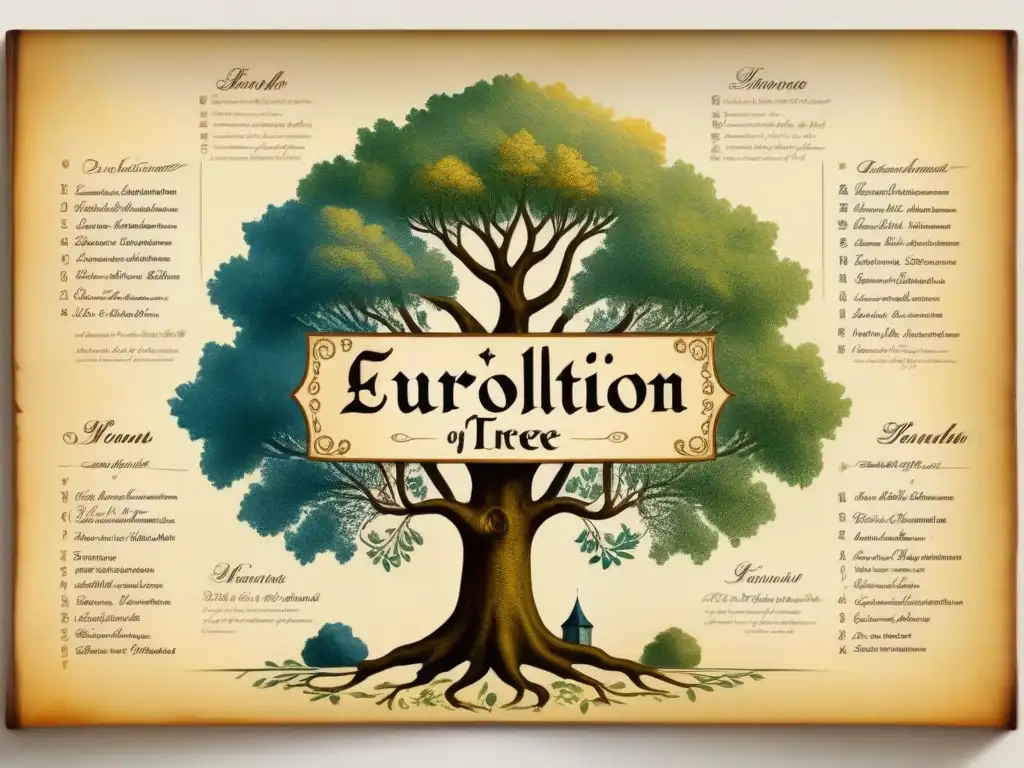 Un árbol genealógico francés vintage detallado en pergamino amarillento, mostrando la evolución de apellidos a lo largo de los siglos