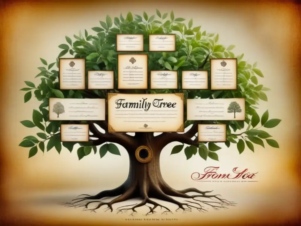 Un árbol genealógico vintage detallado con caligrafía, fotos antiguas y elegantes adornos en pergamino envejecido
