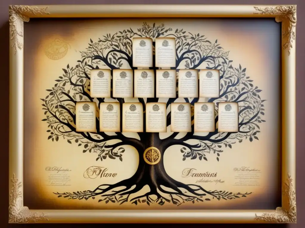 Árbol genealógico vintage: historia familiar en pergamino Un árbol genealógico vintage detallado con historia de apellidos y genealogía