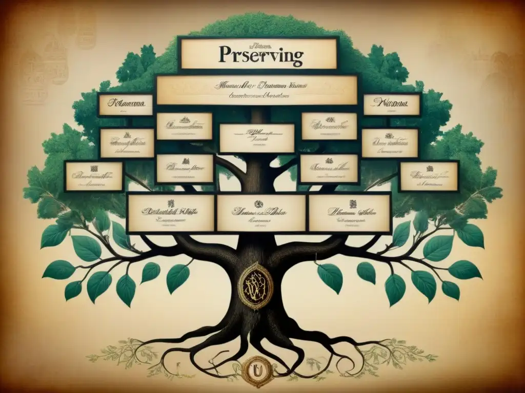 Un árbol genealógico vintage detallado, resaltando la conservación de apellidos históricos