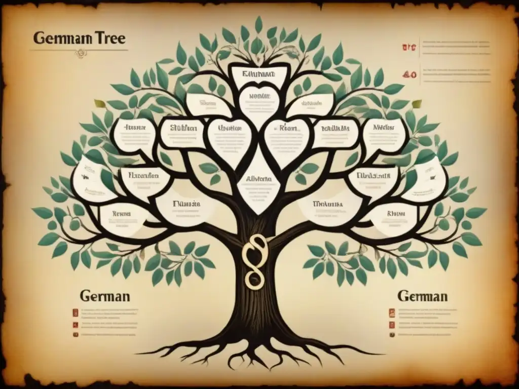 Un árbol genealógico vintage detallado que muestra la evolución de apellidos alemanes a lo largo del tiempo, con ramas que se extienden a varios nombres y anotaciones históricas que rastrean sus transformaciones de la guerra a la paz, en un fondo de pergamino antiguo para una sensación