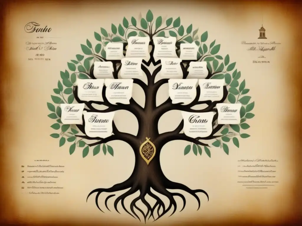 Árbol genealógico vintage: historia y linaje en pergamino Un árbol genealógico vintage detallado, dibujado a mano en pergamino envejecido, muestra la interconexión de apellidos con caligrafía delicada