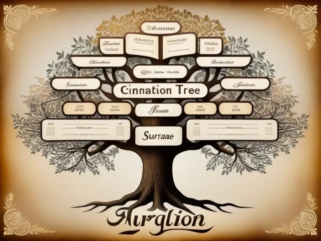 Árbol genealógico vintage: evolución global de apellidos Un árbol genealógico vintage detallado que muestra el origen y evolución de apellidos a través de generaciones, con caligrafía elaborada y tonos sepia