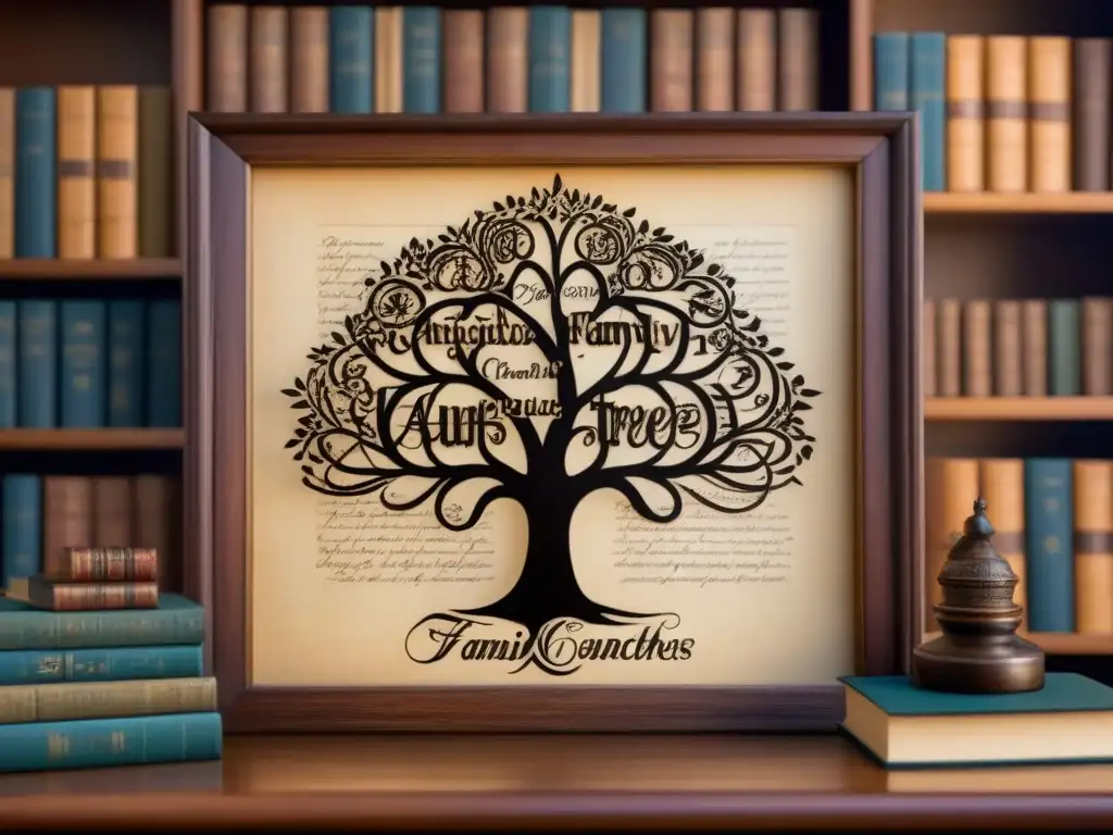 Un árbol genealógico vintage detallado con cambios fonéticos en linajes familiares, rodeado de libros antiguos y elementos de escritura