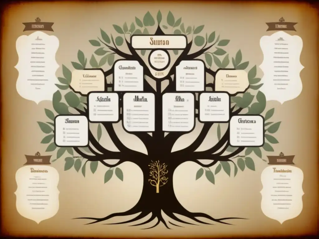 Un árbol genealógico vintage detallado con evolución de apellidos de 'Banderas' a 'Borbón'