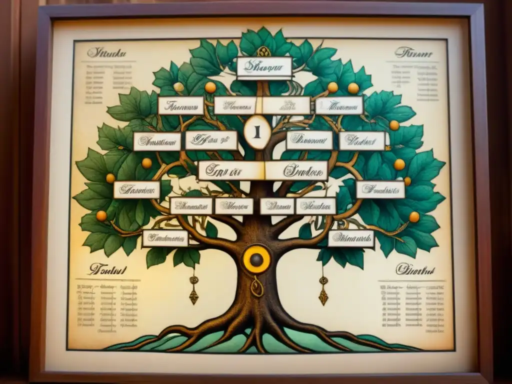 Árbol genealógico vintage: historia espiritual y conexión familiar Árbol genealógico vintage detallado en pergamino, con símbolos religiosos y luz de vitral, evocando historia apellidos genealogía religiosa
