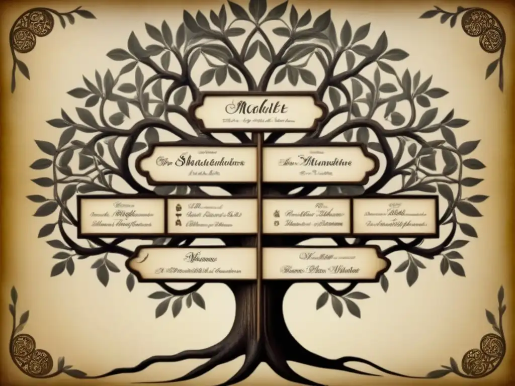 Árbol genealógico vintage de Shakespeare: Montague, Capulet y más Un árbol genealógico vintage detallado con apellidos clásicos de Shakespeare, evocando historia y linaje en tonos sepia